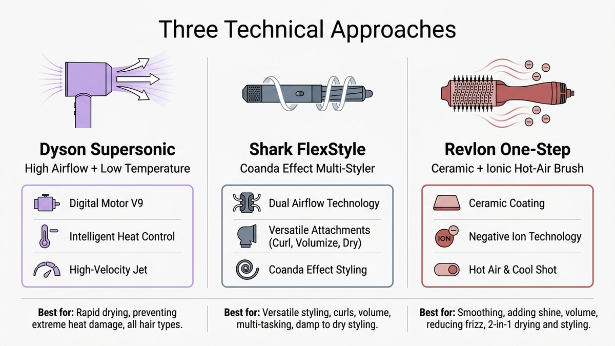 Infographic comparing three hair dryer technical approaches: Dyson Supersonic high airflow, Shark FlexStyle Coanda multi-styler, Revlon One-Step ceramic ionic hot-air brush