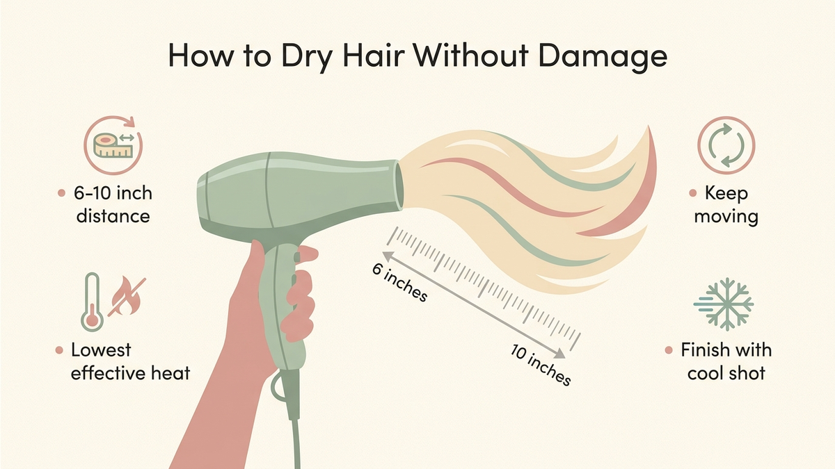 Infographic showing proper hair dryer technique: 6-10 inch distance, lowest effective heat, keep moving, finish with cool shot