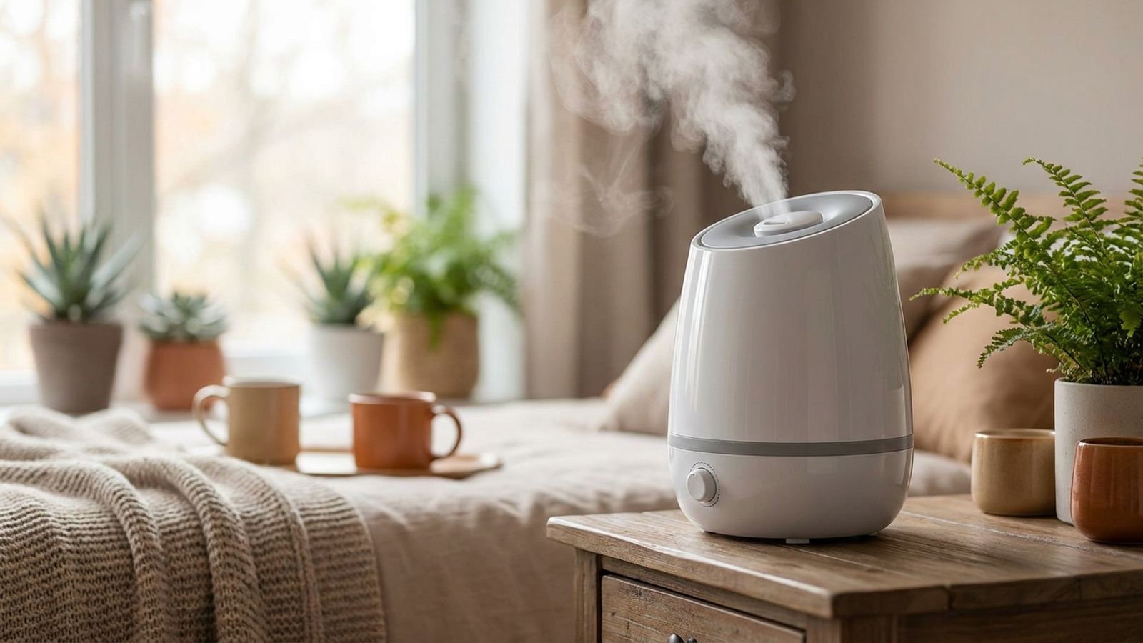 A modern white and gray ultrasonic cool-mist humidifier with visible mist on a wooden nightstand in a softly lit bedroom, potted plants nearby