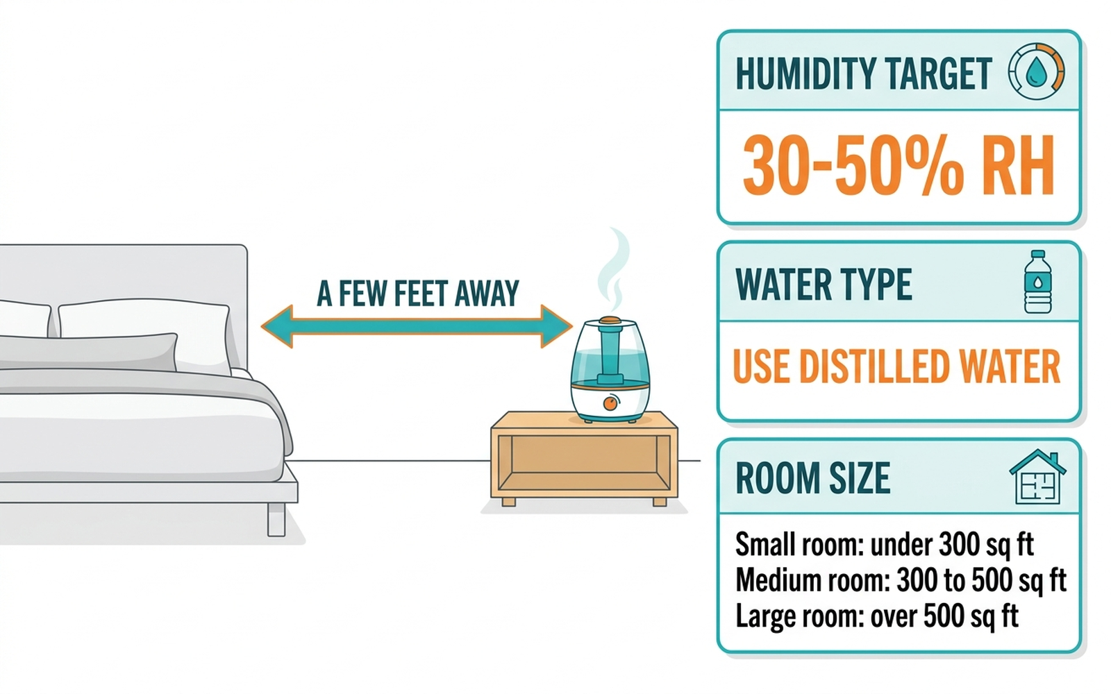 Flat-design infographic showing correct humidifier placement three feet from a bed, a humidistat target range of 30 to 50 percent relative humidity, and a recommendation to use distilled water