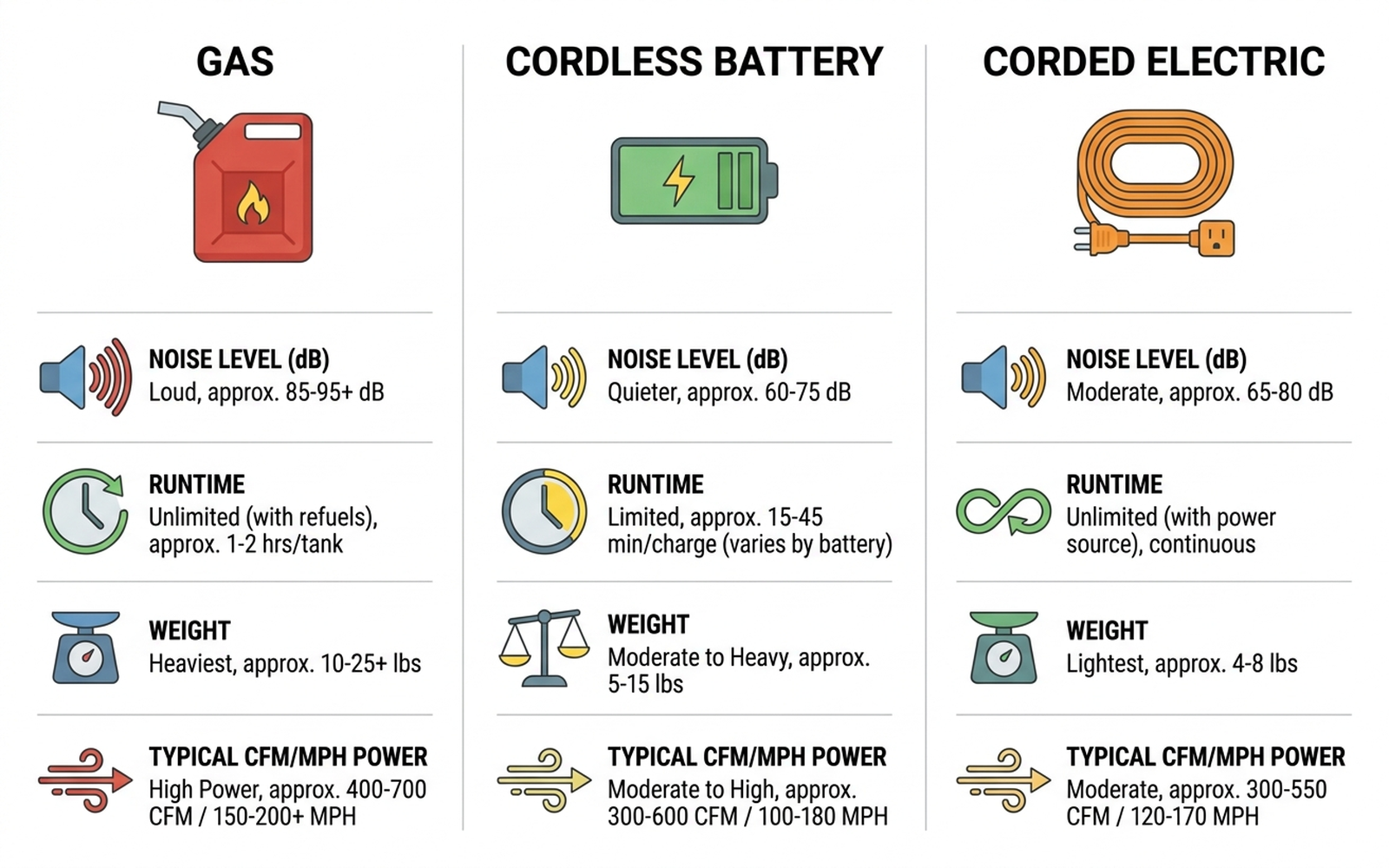 Flat-design infographic comparing gas, cordless battery, and corded electric leaf blowers across noise level, runtime, weight, and power