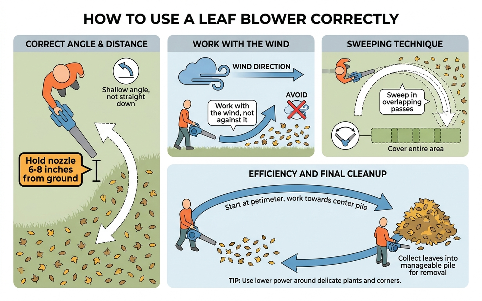 Flat-design diagram showing correct leaf blower technique: nozzle angle, distance from ground, and working with wind direction