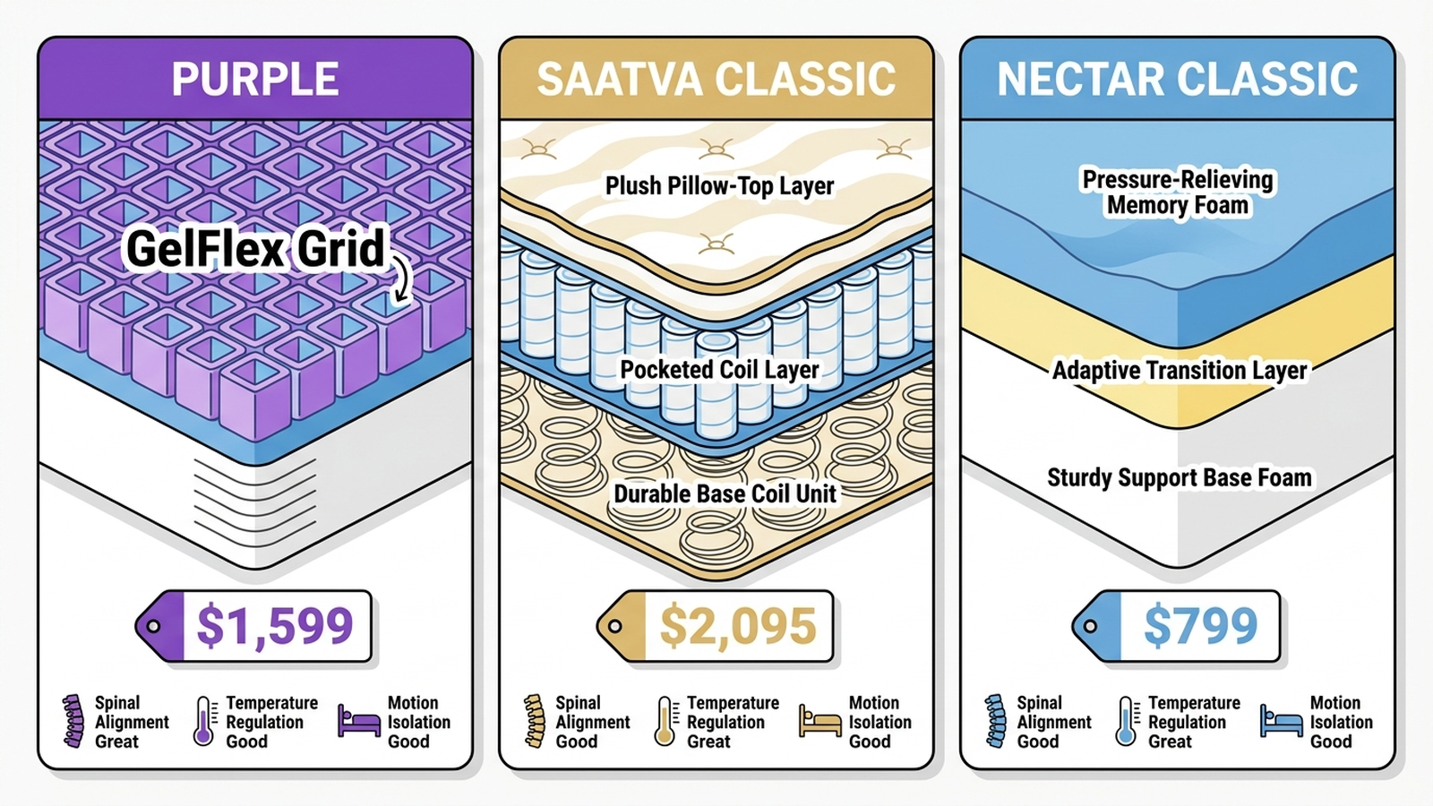 Infographic comparing three mattress support technologies: Purple's hyper-elastic GelFlex polymer grid, Saatva's dual-coil innerspring with a Euro pillow top, and Nectar's layered gel memory foam, each labeled with approximate queen price.