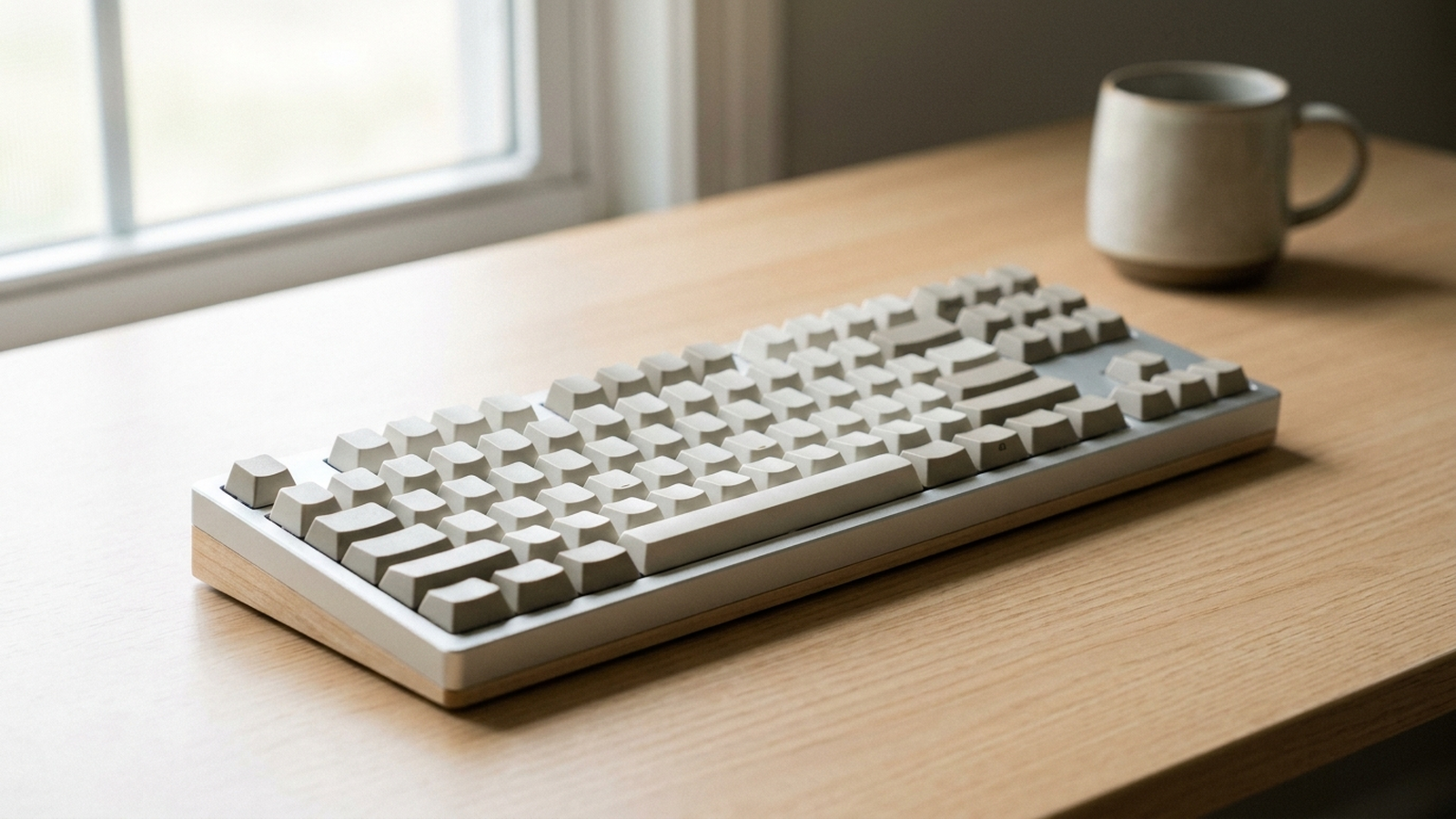 A modern tenkeyless mechanical keyboard on a minimalist light-wood desk in soft natural light