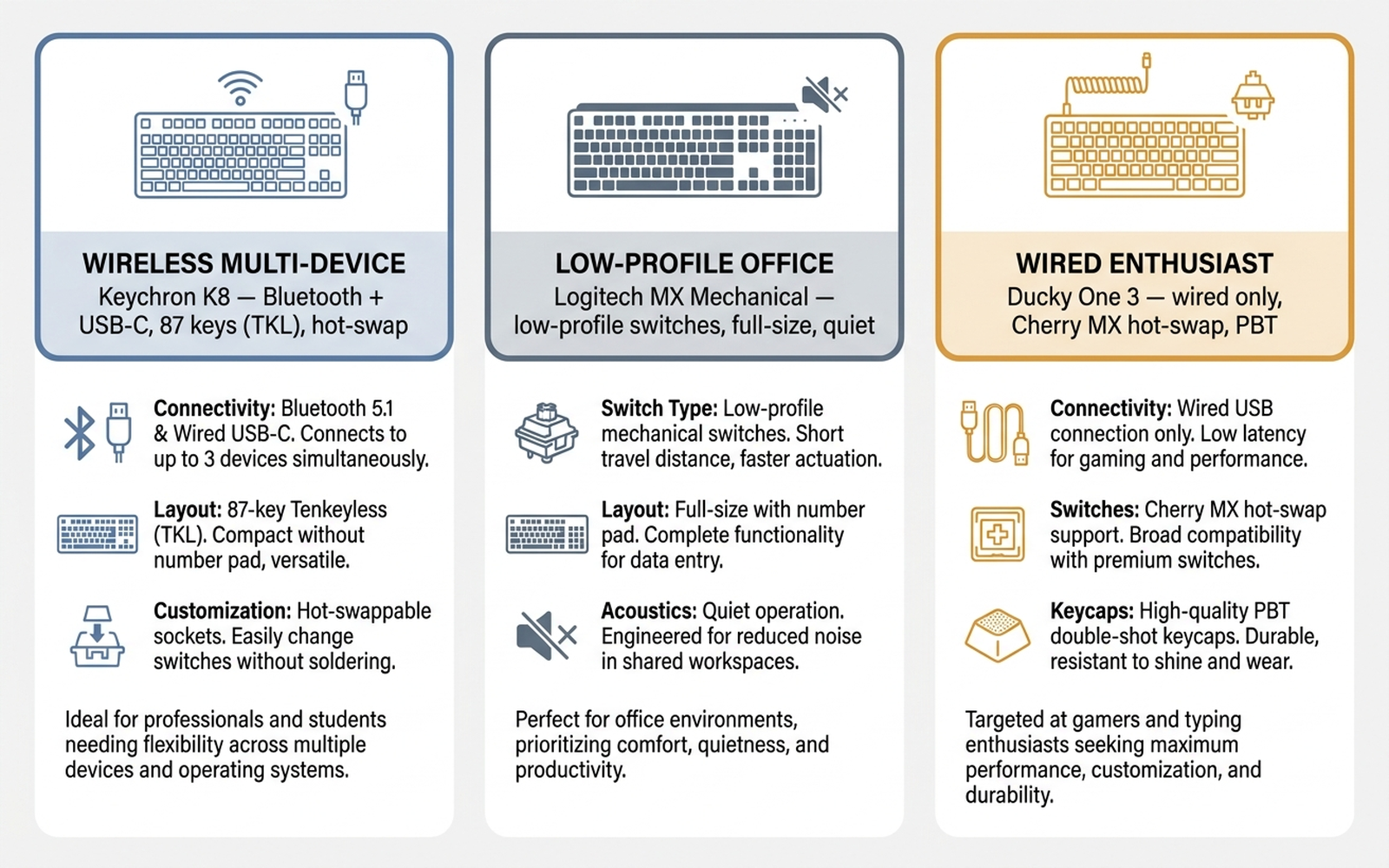 Infographic comparing three mechanical keyboard approaches — wireless multi-device Keychron K8, low-profile office Logitech MX Mechanical, and wired enthusiast Ducky One 3