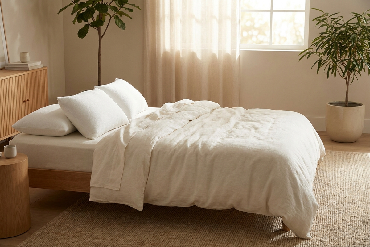 Two plush white memory foam pillows arranged neatly on a made bed with soft neutral bedding in warm morning light
