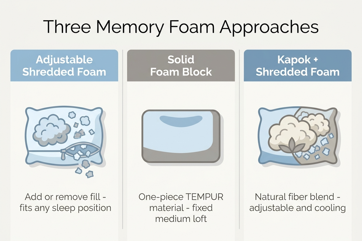 Infographic comparing three memory foam pillow approaches — adjustable shredded foam, a solid one-piece foam block, and a kapok-and-shredded-foam blend