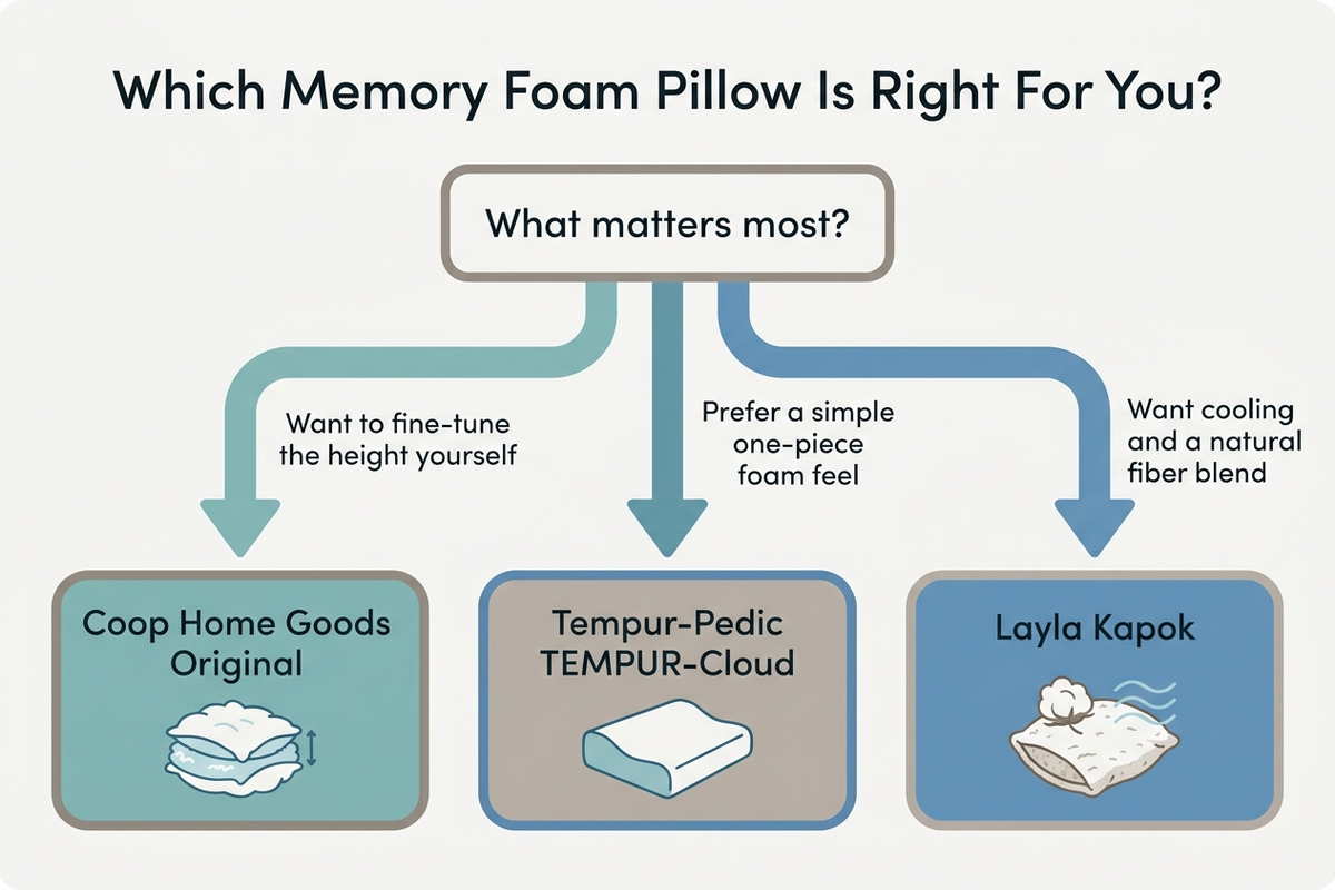 Decision flowchart titled Which Memory Foam Pillow Is Right For You, branching to Coop Home Goods Original for adjustable height, Tempur-Pedic TEMPUR-Cloud for a one-piece foam feel, and Layla Kapok for cooling and a natural fiber blend