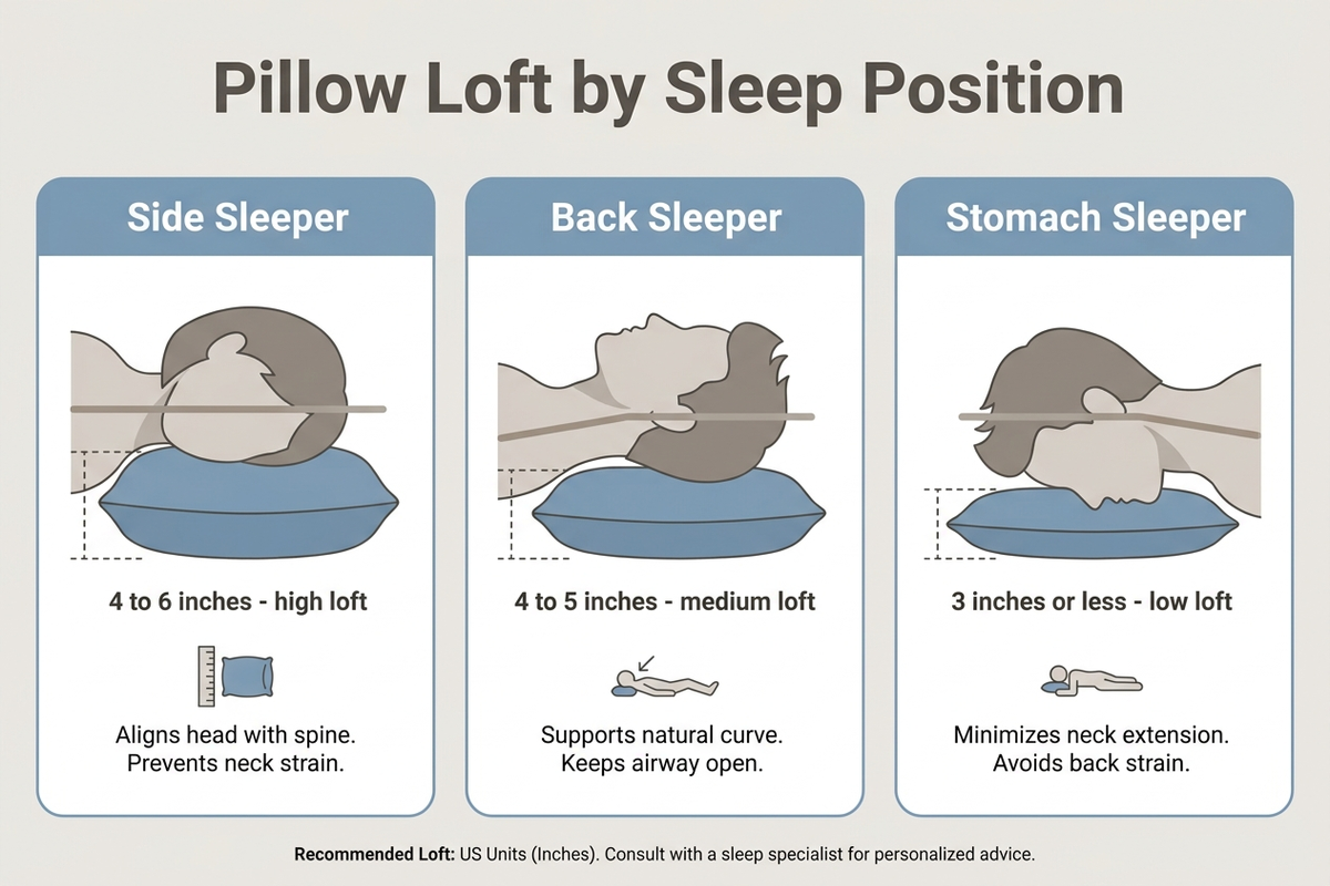 Infographic showing recommended pillow loft by sleep position — 4 to 6 inches for side sleepers, 4 to 5 inches for back sleepers, and 3 inches or less for stomach sleepers, with spine alignment illustrated