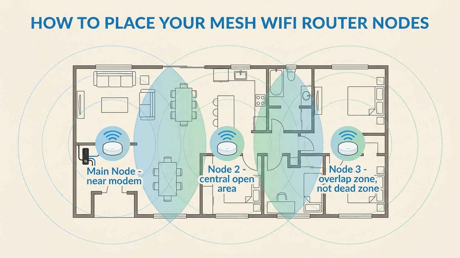 Top-down floor plan diagram showing correct mesh Wi-Fi node placement: the main node near the modem, a second node centered in the main living area, and a third node covering a far bedroom, with dotted lines showing signal overlap zones between nodes.