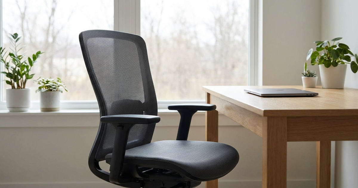 An ergonomic mesh office chair sits empty at a plain wooden desk in a bright, minimal home office.