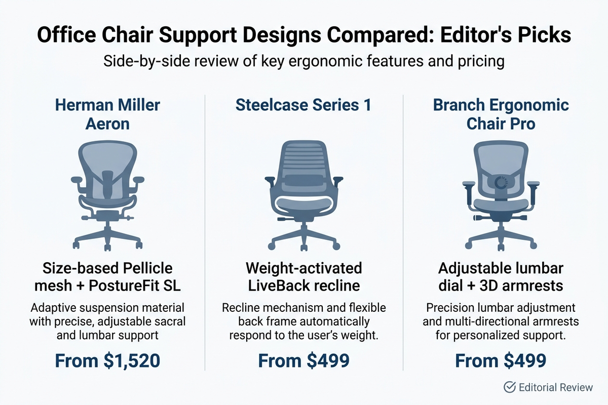 Infographic comparing three office chair support designs: Herman Miller Aeron with size-based Pellicle mesh and PostureFit SL at 1,520 dollars, Steelcase Series 1 with weight-activated LiveBack recline at 499 dollars, and Branch Ergonomic Chair Pro with a one-size adjustable lumbar dial at 499 dollars.