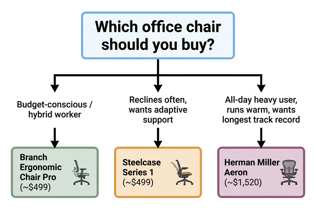 Flowchart showing which office chair to buy: budget-conscious and hybrid workers should choose the Branch Ergonomic Chair Pro around 499 dollars, buyers who recline often and want adaptive support should choose the Steelcase Series 1 around 499 dollars, and all-day heavy users who run warm and want the longest track record should choose the Herman Miller Aeron around 1,520 dollars.