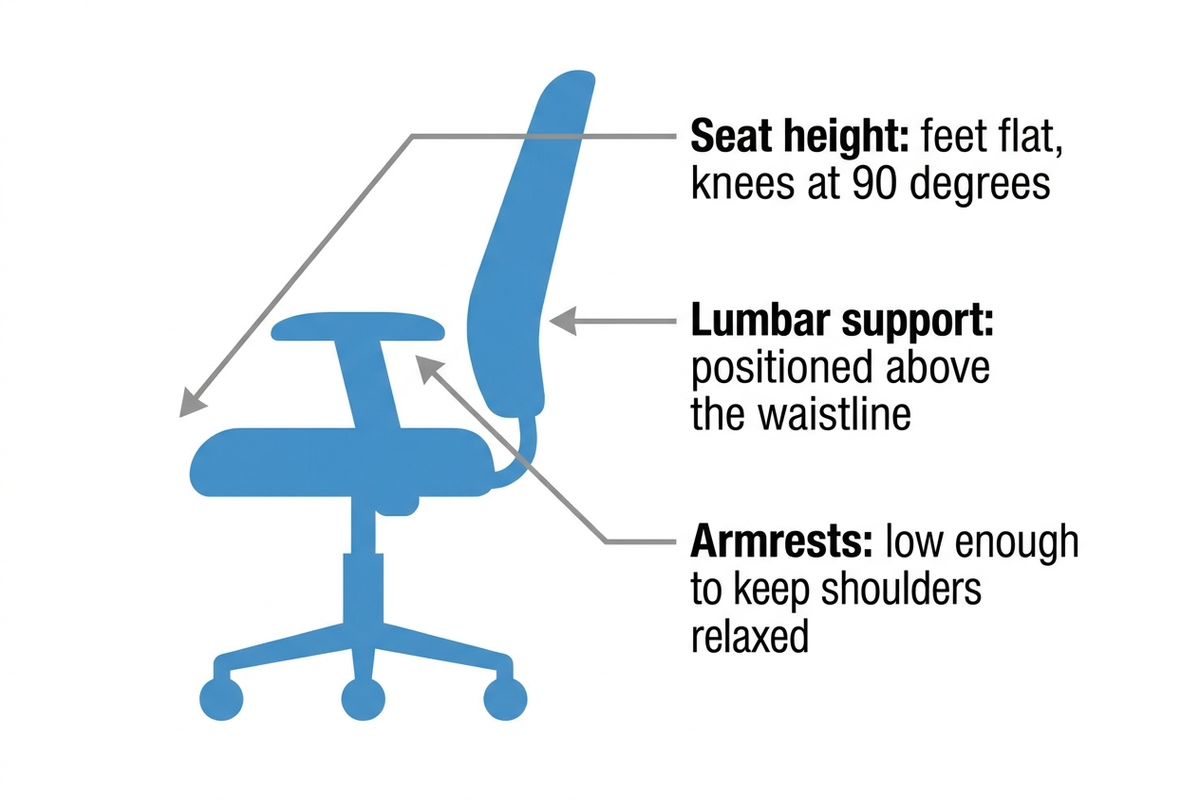 Setup diagram showing correct ergonomic office chair posture: seat height set so feet are flat on the floor with knees at 90 degrees, lumbar support positioned at the small of the back above the waistline, and armrests set so shoulders stay relaxed and level with the desk.