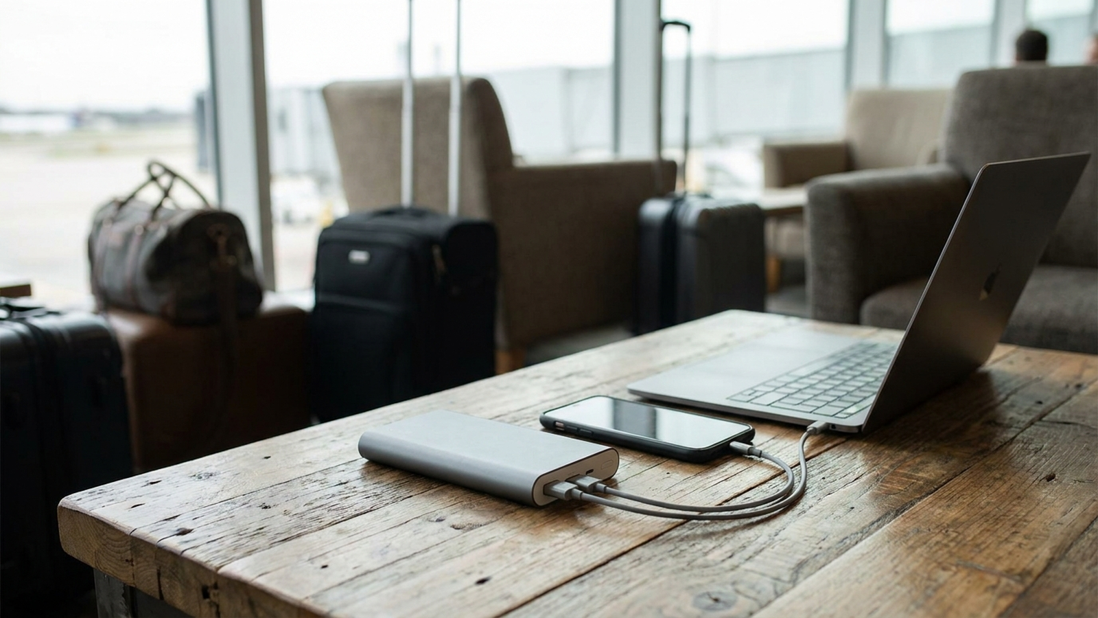 Portable power bank charging a smartphone and laptop on an airport lounge table
