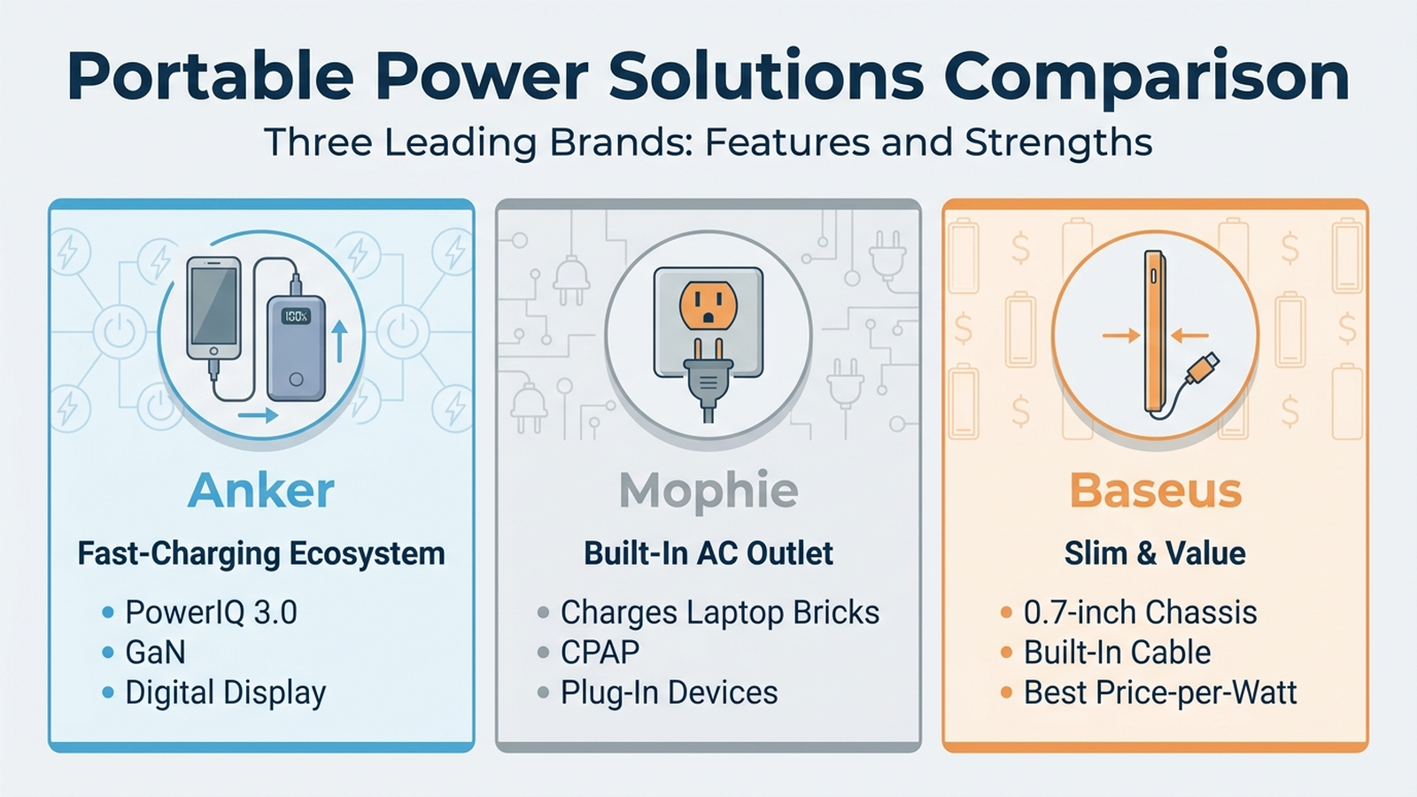 Infographic comparing Anker's fast-charging ecosystem, Mophie's built-in AC outlet, and Baseus's slim value-focused design approach to portable chargers
