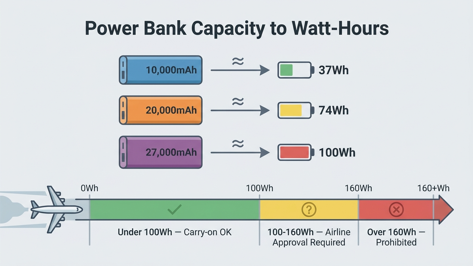 Diagram showing how to calculate a power bank's watt-hours from its mAh rating and the TSA/airline carry-on limits at 100Wh and 160Wh