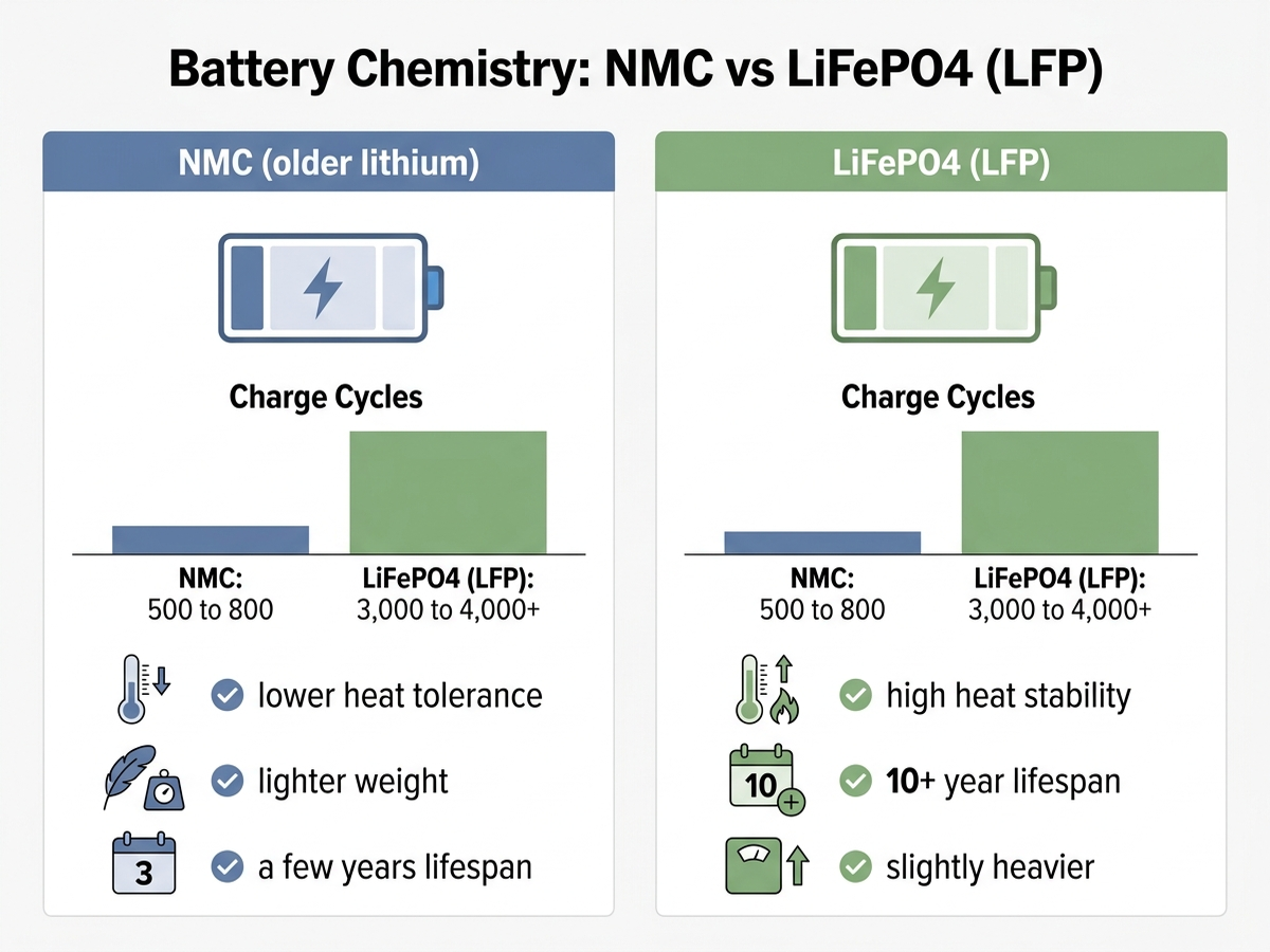 Infographic comparing NMC and LiFePO4 battery chemistry on cycle life, safety, and heat tolerance