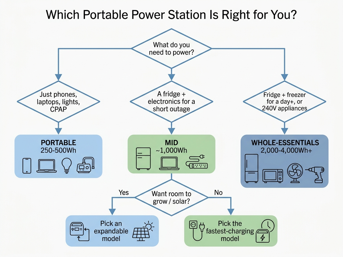 Decision flowchart for choosing a portable power station by use case and budget