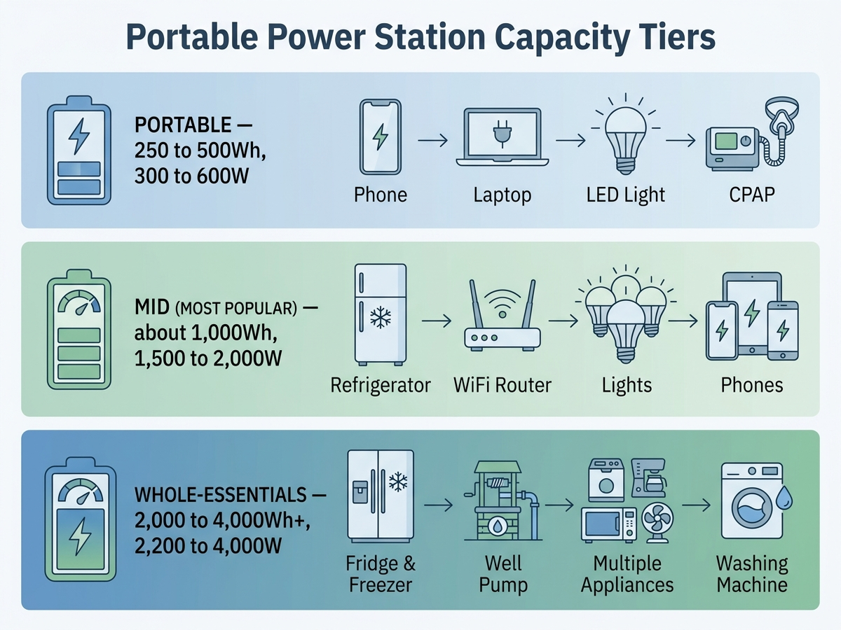 Infographic showing three portable power station capacity tiers and what each can run