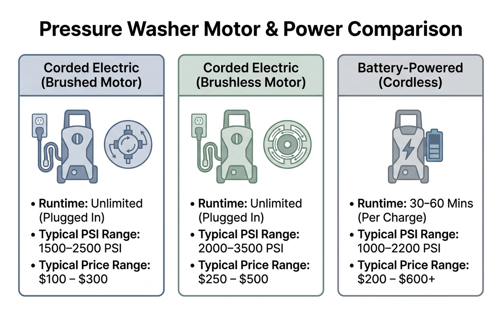 Infographic comparing brushed-motor, brushless-motor, and battery-powered pressure washer approaches