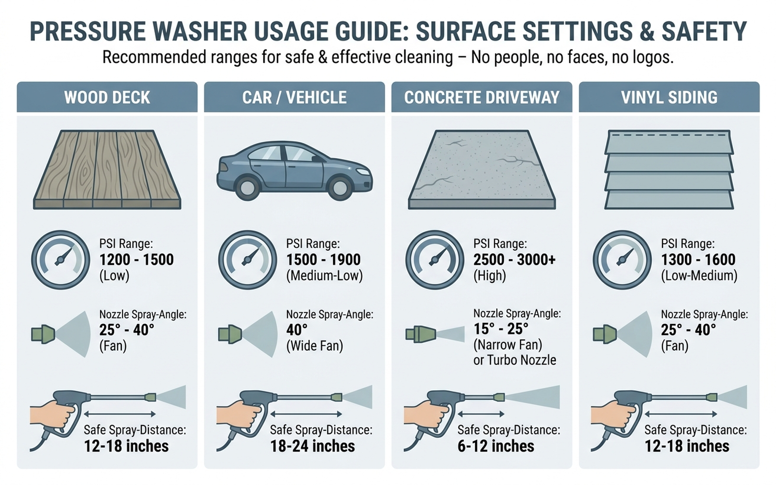 Diagram showing recommended PSI ranges and safe spray distances for wood decks, vehicles, concrete driveways, and vinyl siding