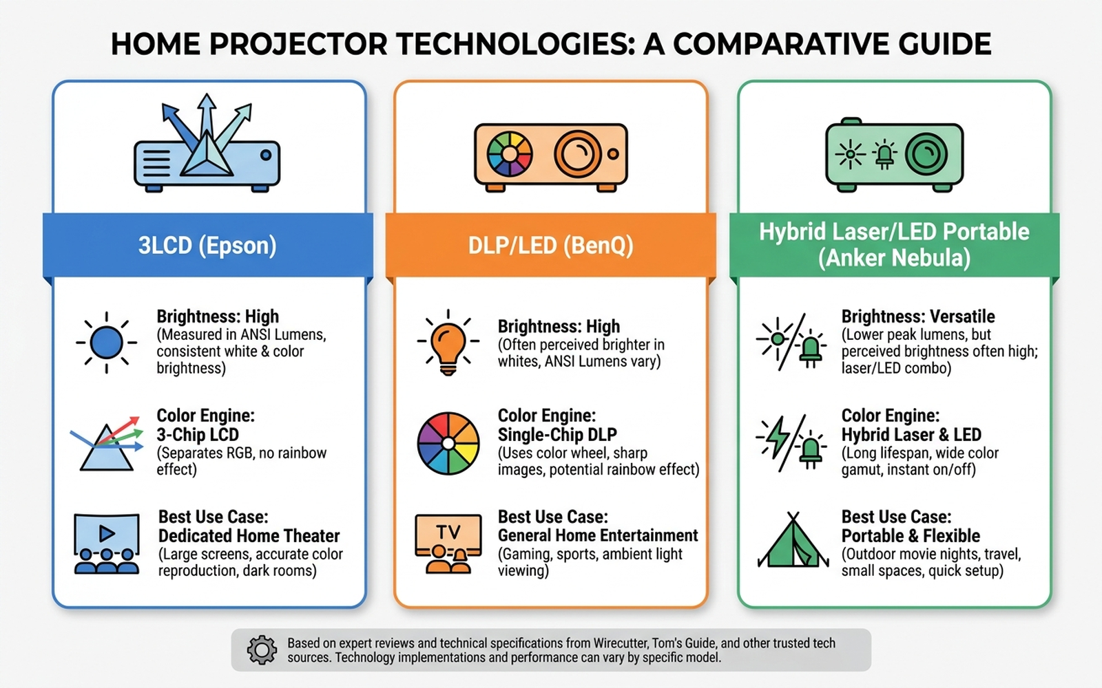 Infographic comparing 3LCD, single-chip DLP LED, and hybrid laser/LED portable projector technologies
