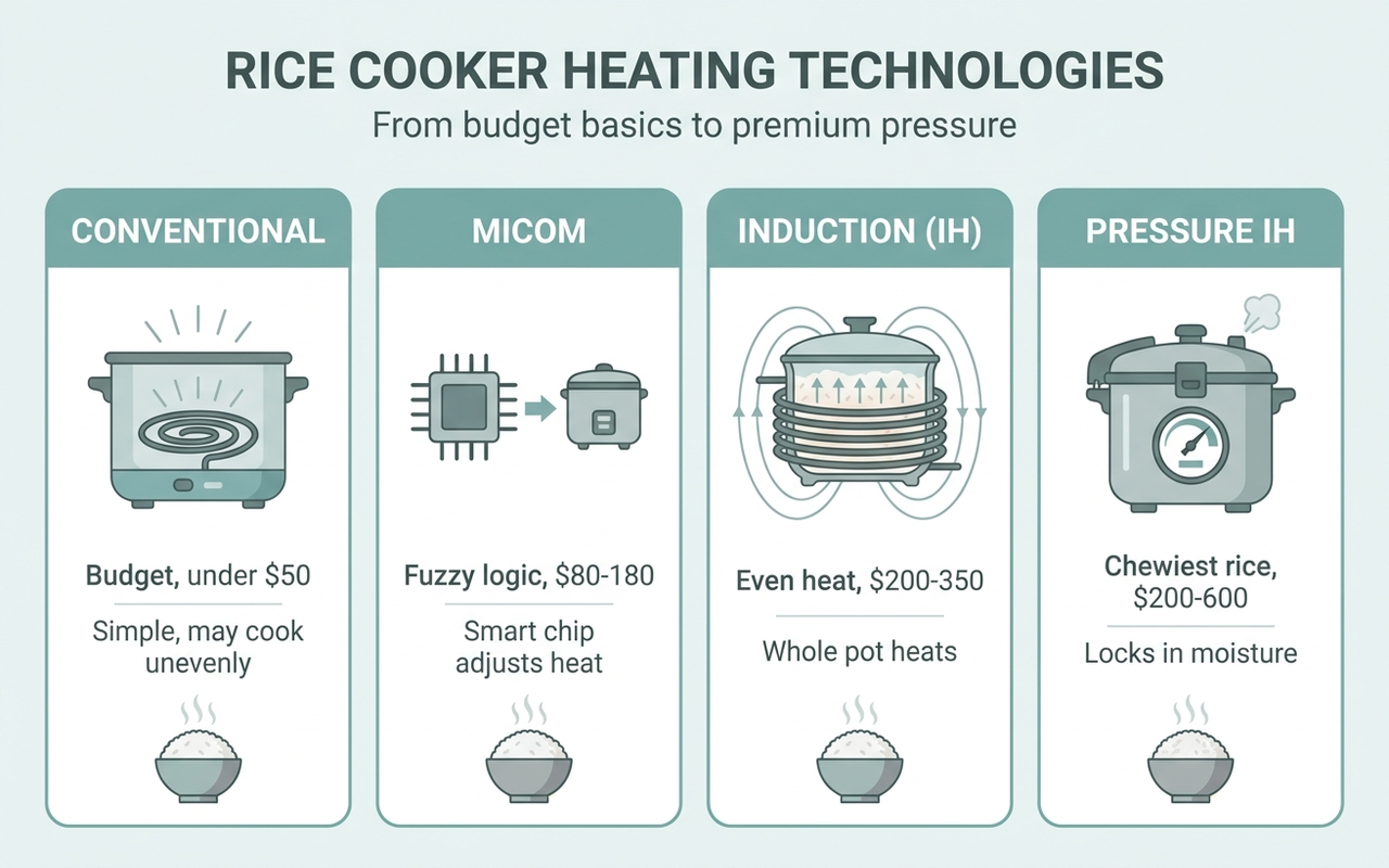 Infographic comparing conventional, micom, induction, and pressure IH rice cooker heating