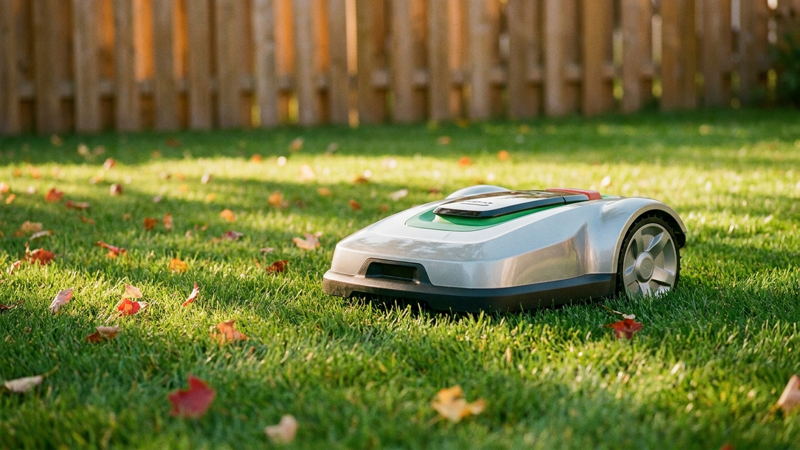 A robot lawn mower cutting grass on a suburban lawn in autumn light
