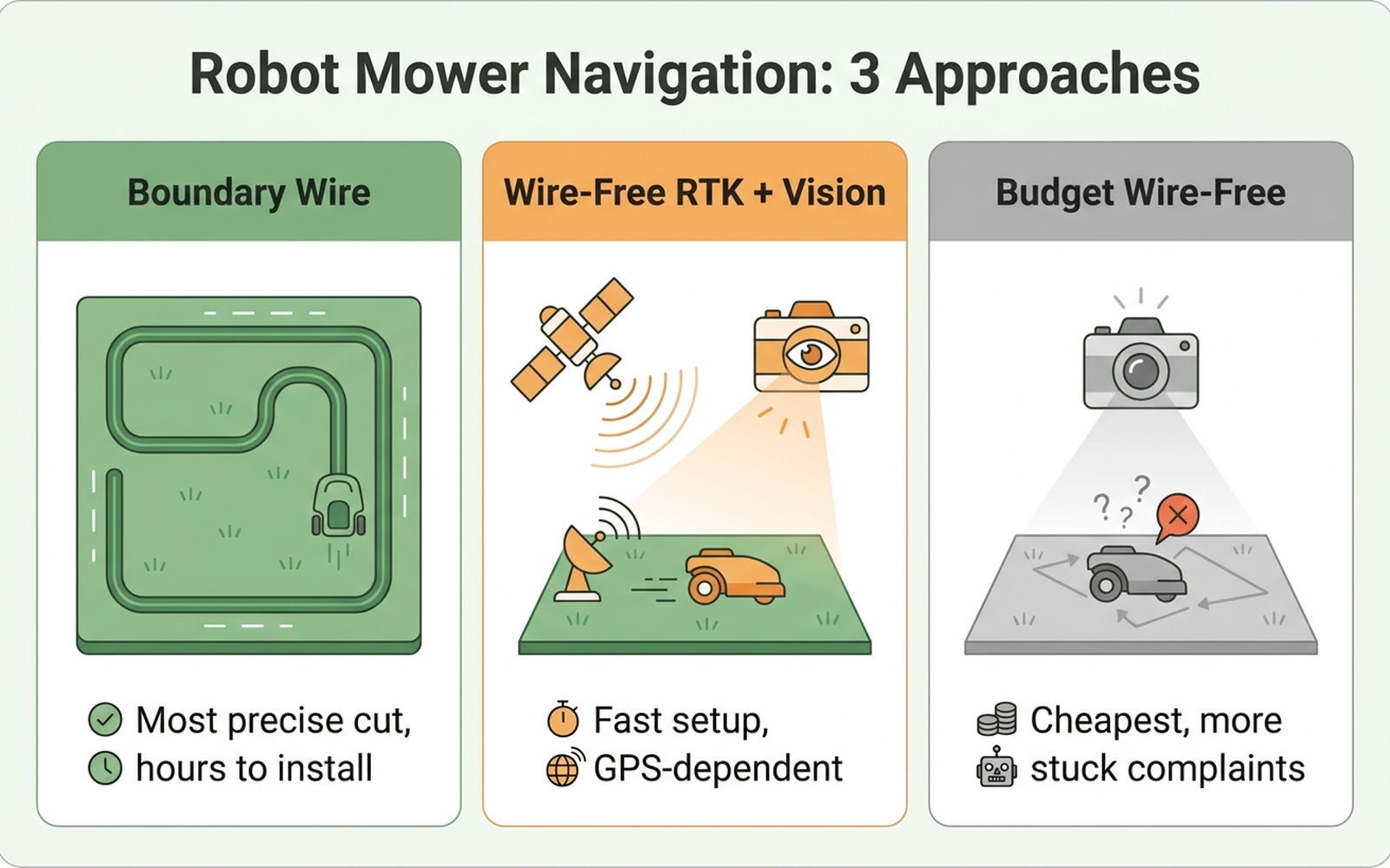 Infographic comparing boundary-wire, wire-free RTK-plus-vision, and budget wire-free navigation technology in robot lawn mowers