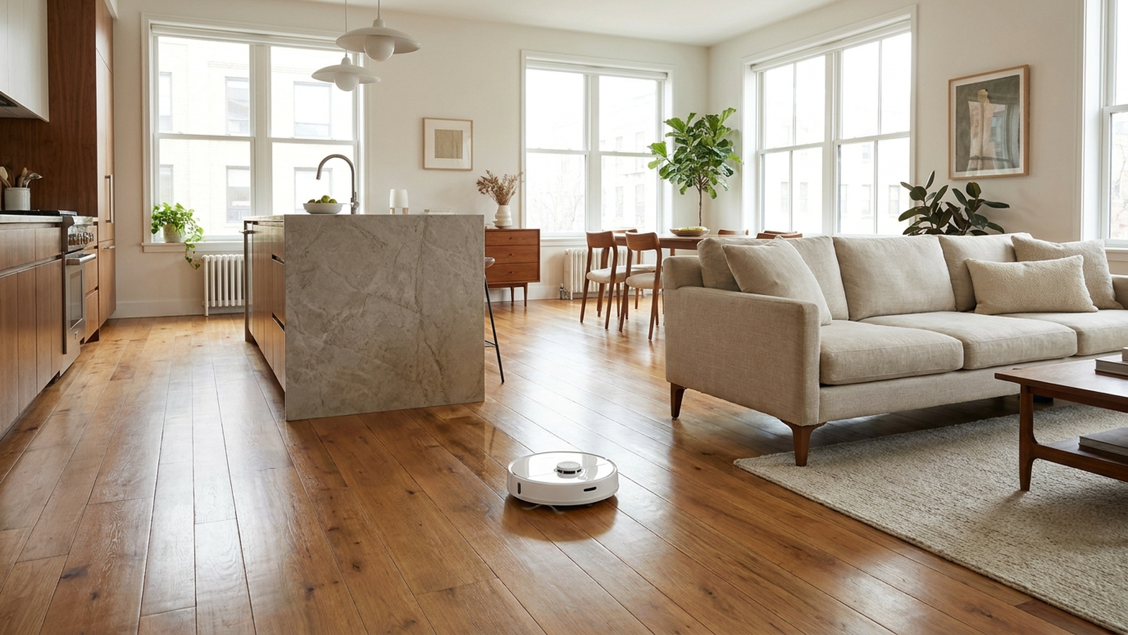 A robot vacuum-mop cleaning a light hardwood floor beside a kitchen island in natural daylight