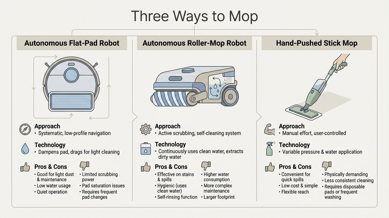 Infographic comparing three floor-cleaning technology approaches: autonomous LiDAR robot mop, roller-mop robot, and hand-pushed cordless wet-dry vacuum-mop