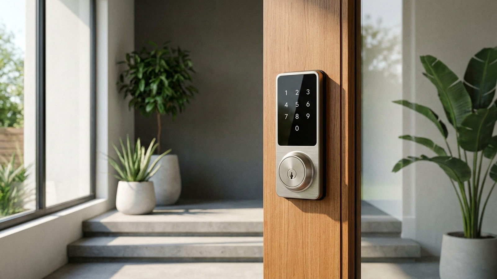 Modern front door with a keyless smart deadbolt lock installed