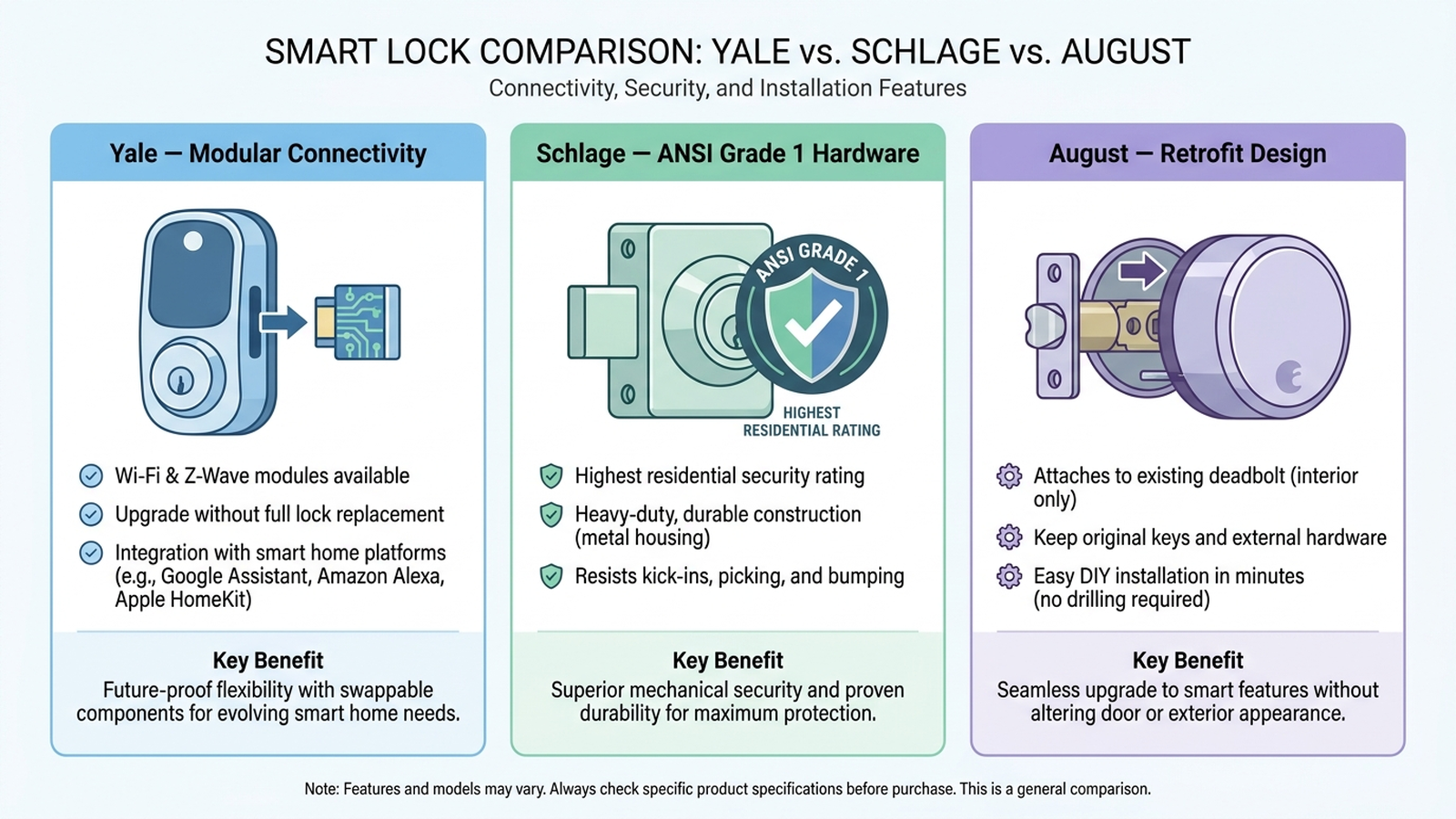 Infographic comparing Yale's modular connectivity, Schlage's ANSI Grade 1 hardware security, and August's deadbolt-retrofit approach to smart locks