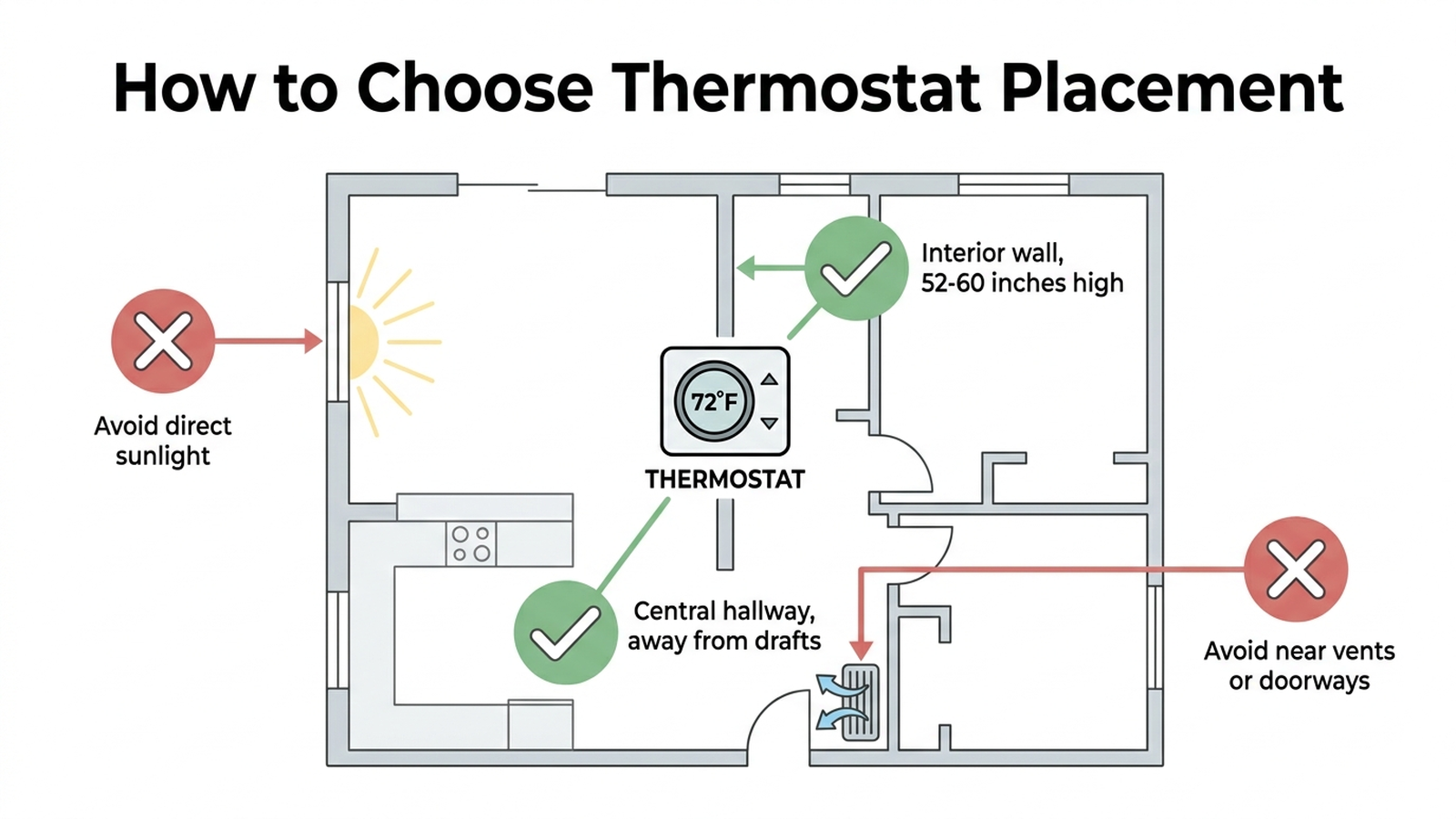 Diagram showing correct and incorrect thermostat placement, including interior wall height and distance from windows and vents