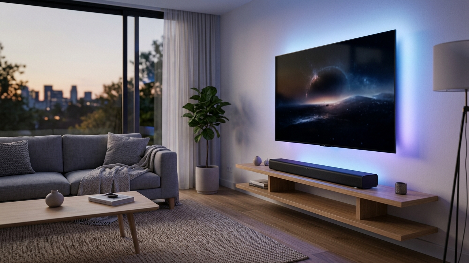 A premium black soundbar beneath a wall-mounted TV in a dimly lit modern living room