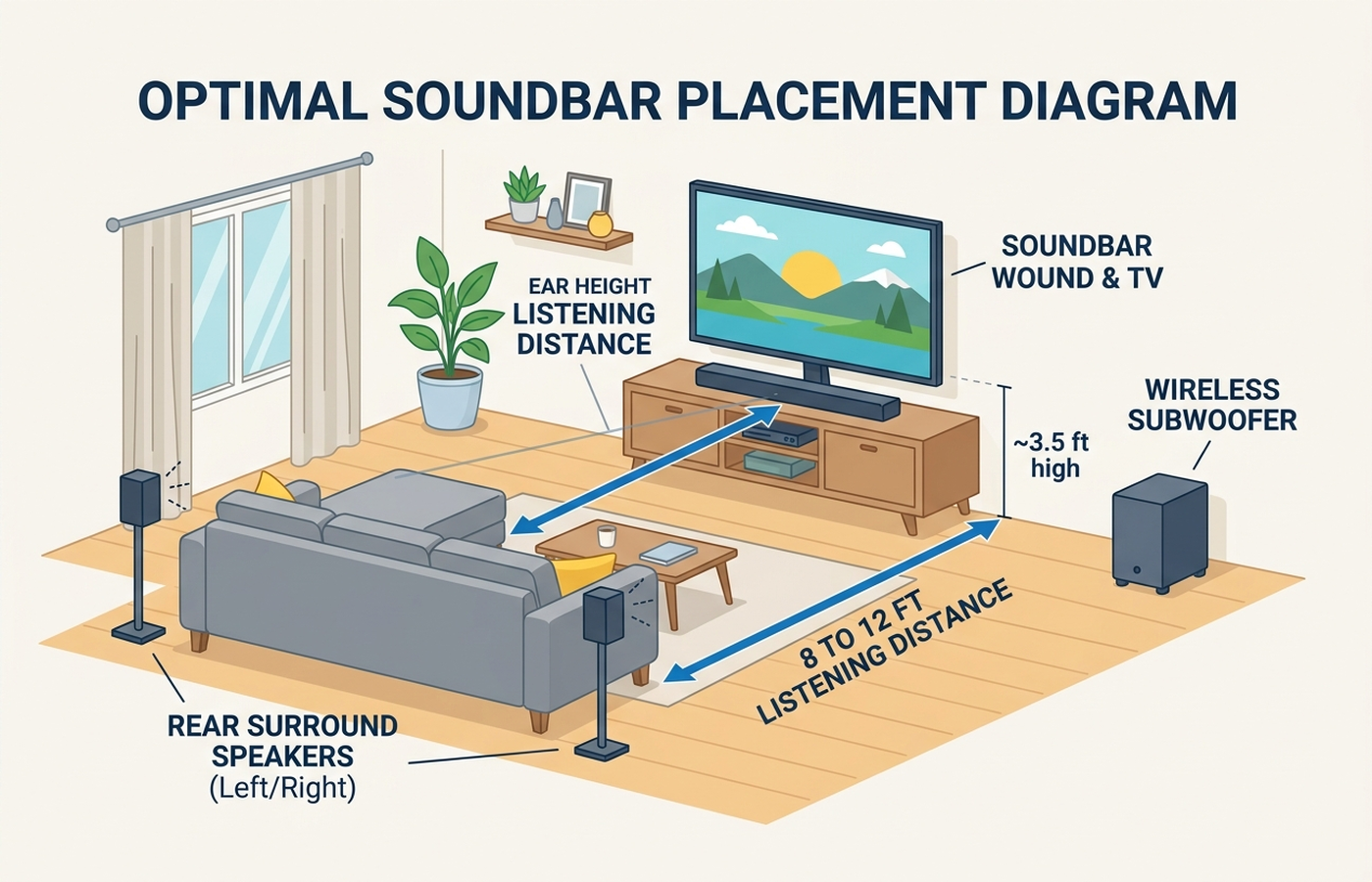 Diagram showing correct soundbar placement, listening distance, and subwoofer/rear speaker positioning in a living room