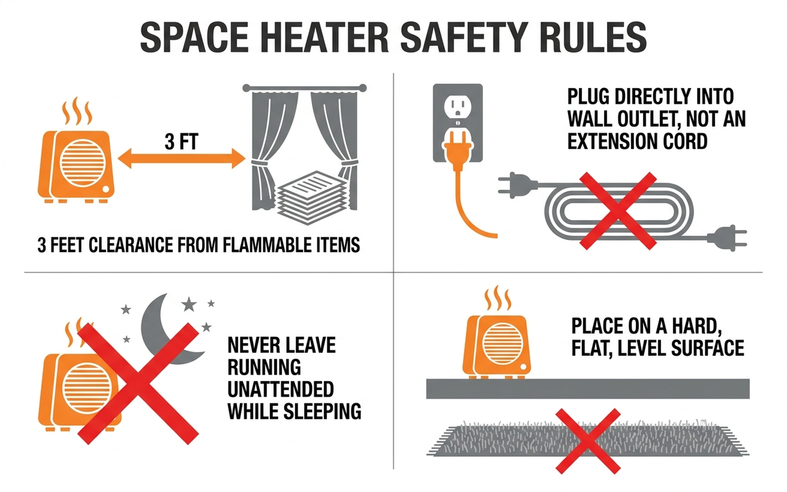 Infographic showing space heater safety rules: keep 3 feet from flammable materials, plug directly into wall outlet not an extension cord, never leave running while sleeping in another room, place on a hard flat surface