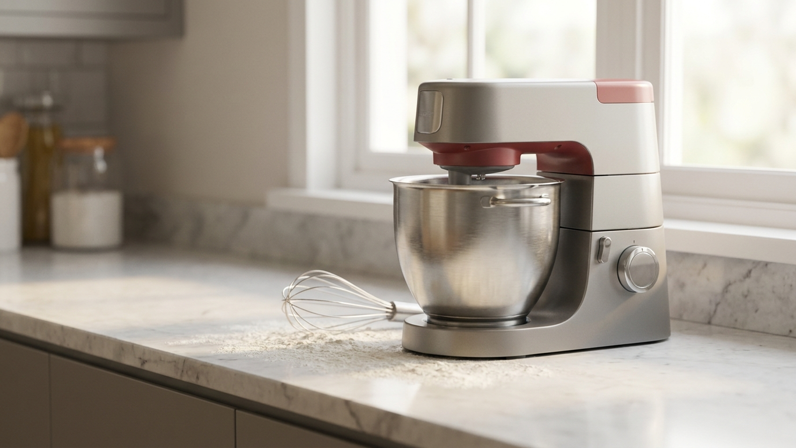 A stand mixer with a stainless-steel bowl sits on a marble kitchen counter, dusted with flour, next to a wire whisk.