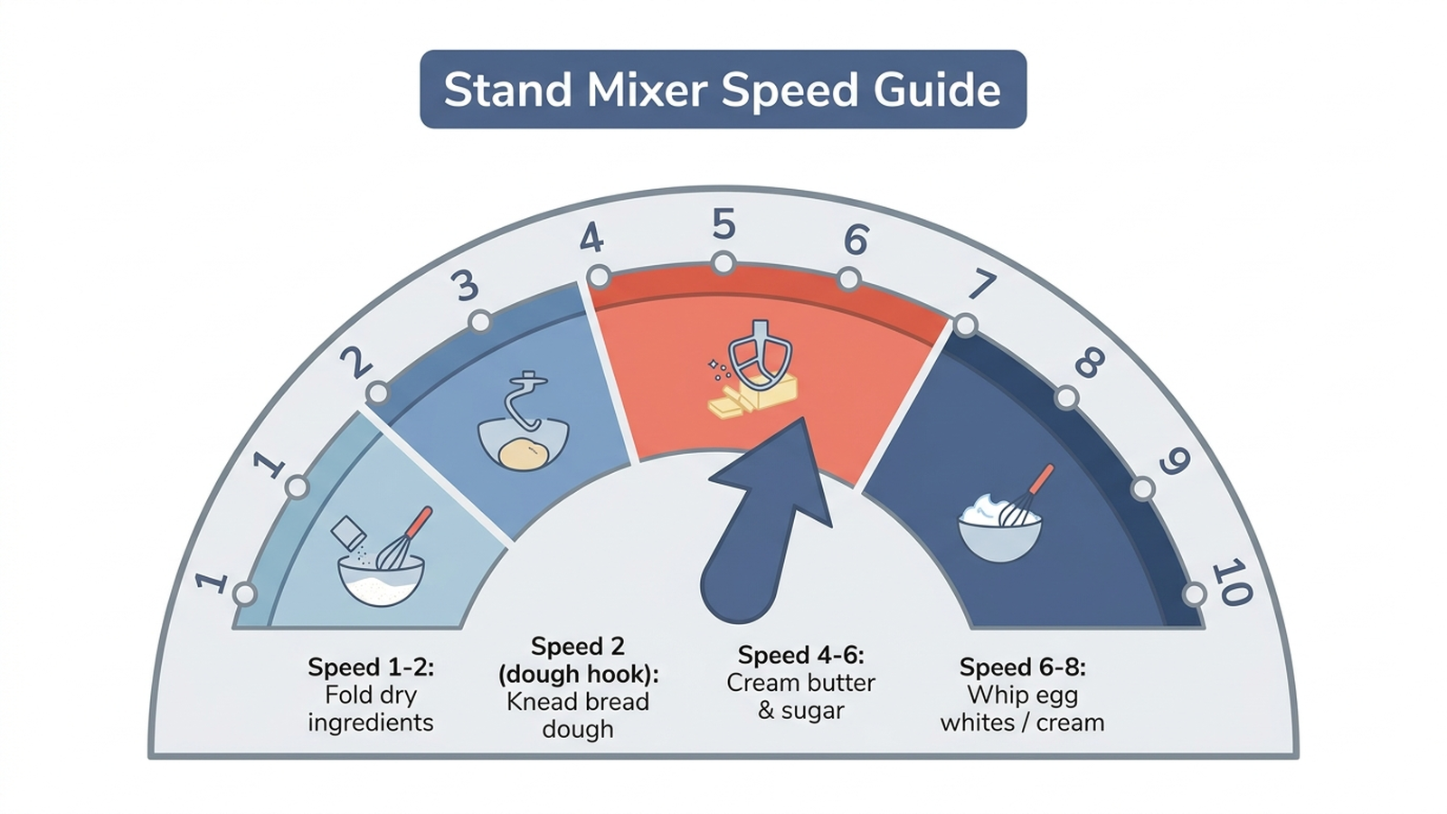 Speed dial infographic showing stand mixer speed guide: speeds 1-2 for folding dry ingredients, speed 2 with dough hook for kneading bread dough, speeds 4-6 for creaming butter and sugar, and speeds 6-8 for whipping egg whites or cream.