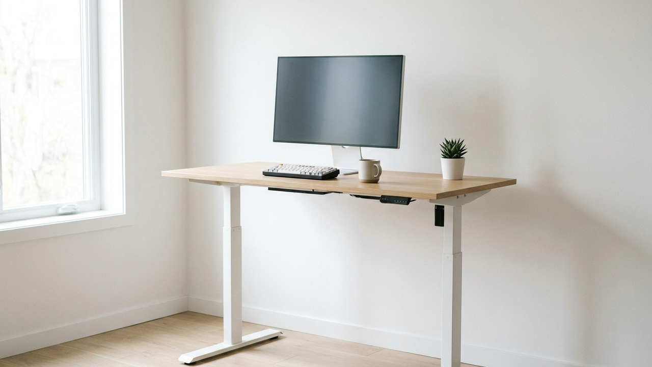 A height-adjustable standing desk at standing height in a bright, minimalist home office with a monitor, keyboard, and chair