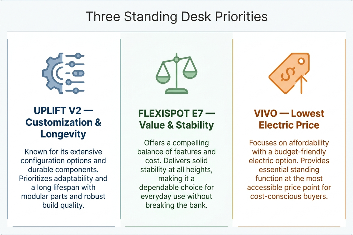 Infographic comparing three standing desk priorities — customization and longevity, value and stability, and lowest electric price — mapped to Uplift, FlexiSpot, and VIVO
