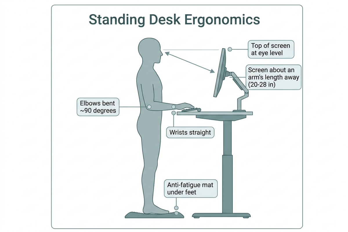 How-to diagram of standing desk ergonomics — monitor at eye level, elbows bent about 90 degrees, wrists straight, screen about an arm's length away