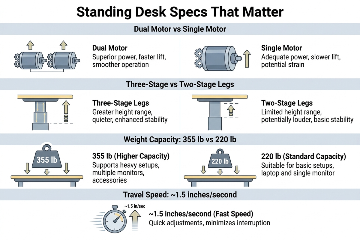 Infographic of standing desk specifications — single vs dual motor, two-stage vs three-stage legs, weight capacity in pounds, and travel speed in inches per second