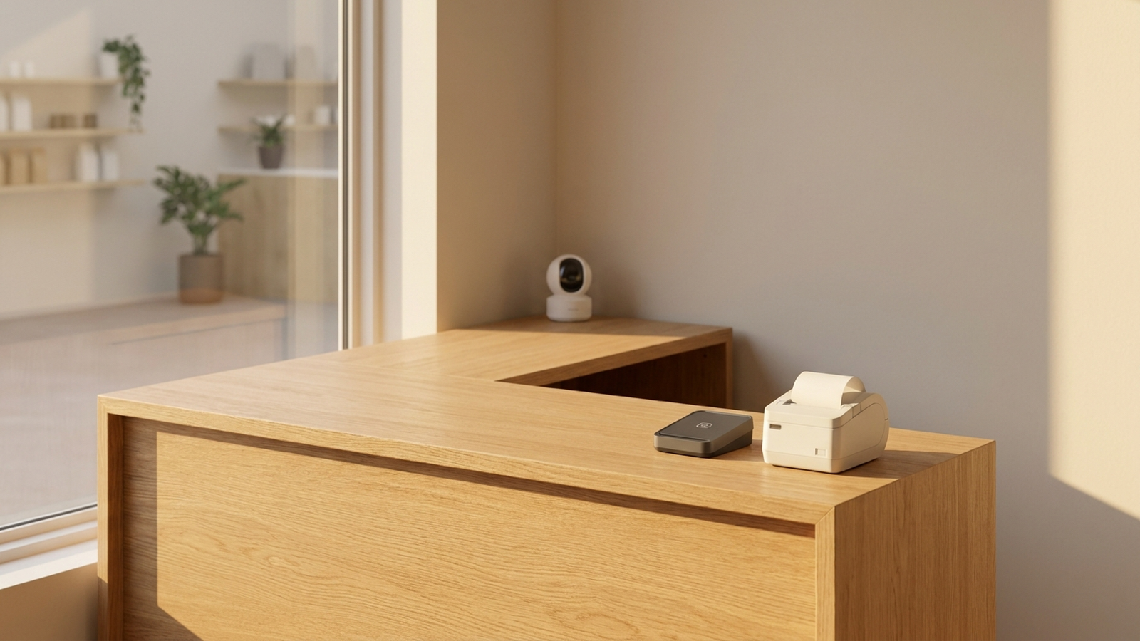 A small neutral storefront counter with a card reader, receipt printer, and security camera visible, no people or logos in frame