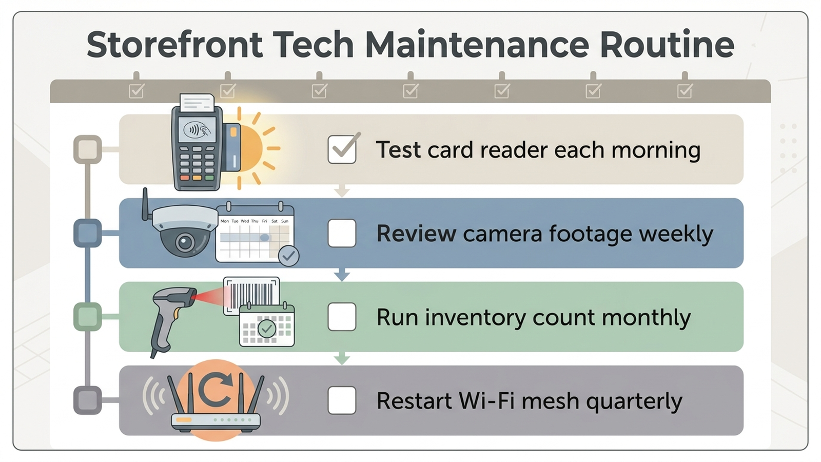Flat infographic showing a storefront tech routine: testing the card reader connection each morning before opening, checking the security camera footage weekly, running a barcode inventory count monthly, and restarting the mesh Wi-Fi router quarterly