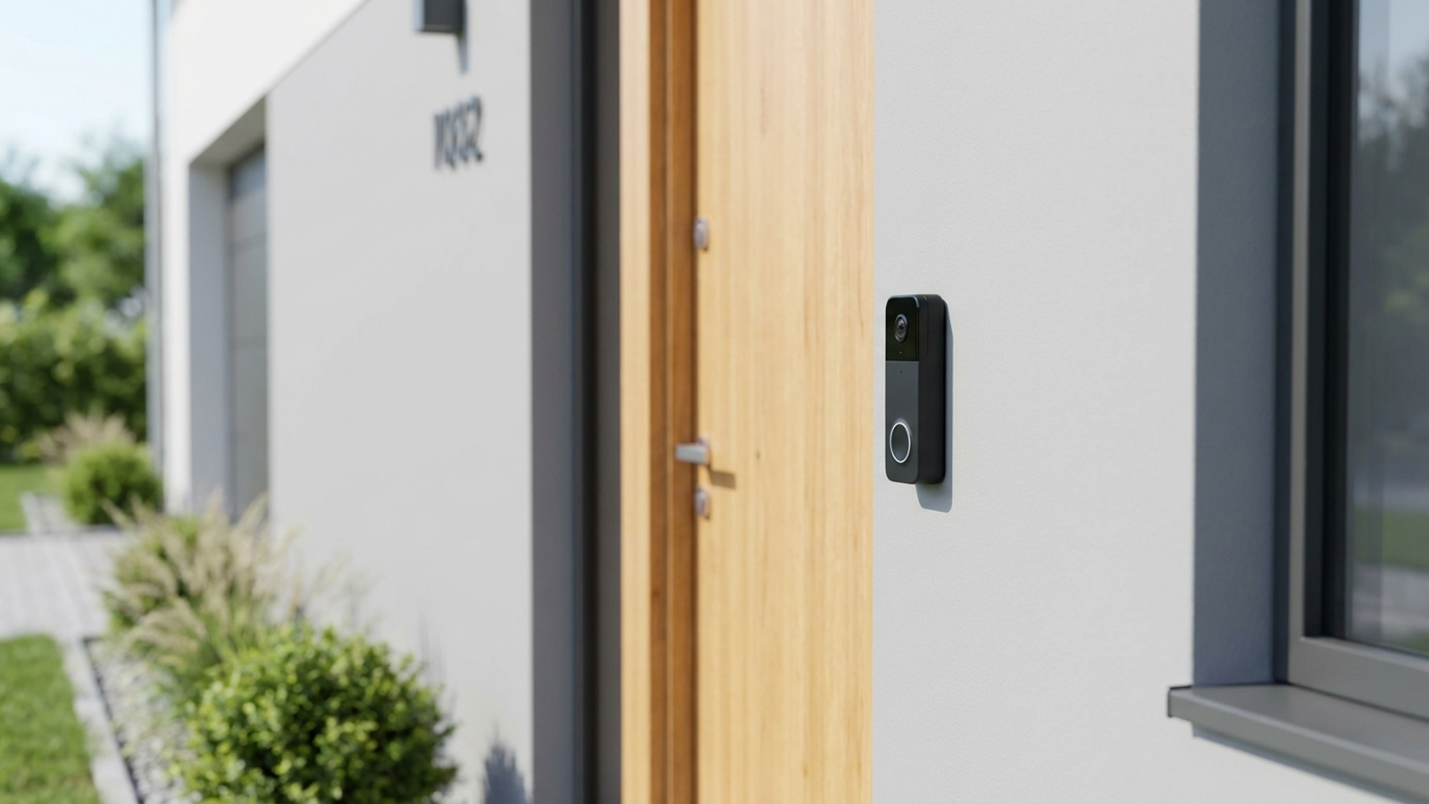 Modern front door with a video doorbell mounted beside it