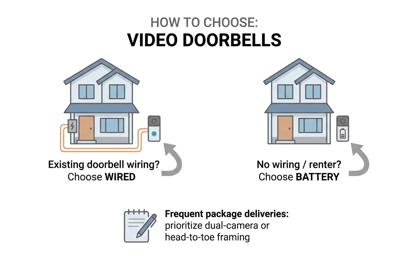Diagram showing when to choose a wired video doorbell versus a battery-powered one, based on existing doorbell wiring