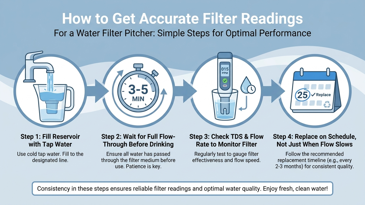 Infographic showing four steps for accurate water filter pitcher readings: run tap water into the reservoir, wait for full flow-through before drinking the first batch, check the TDS or flow rate to know when to replace the filter, and replace the filter on a fixed schedule rather than only when the flow visibly slows.