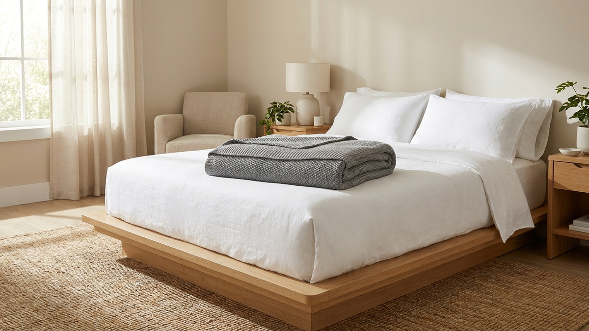 A weighted blanket in neutral gray tones is folded on a bed next to a pillow, in soft natural light.
